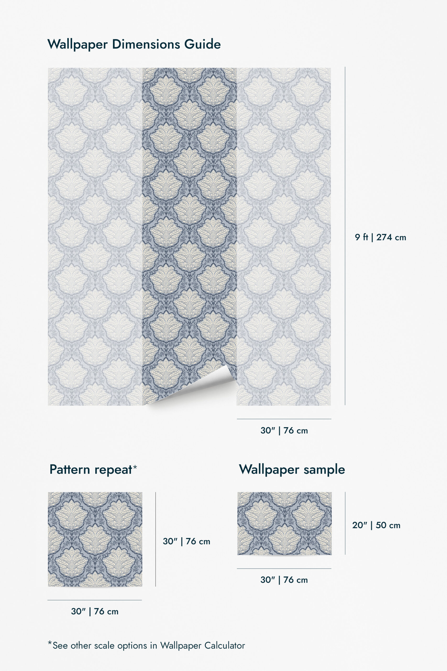 A dimensions guide shows Vintage Blue Leaf Damask wallpaper for walls, featuring a blue leaf damask pattern and panel measurements.