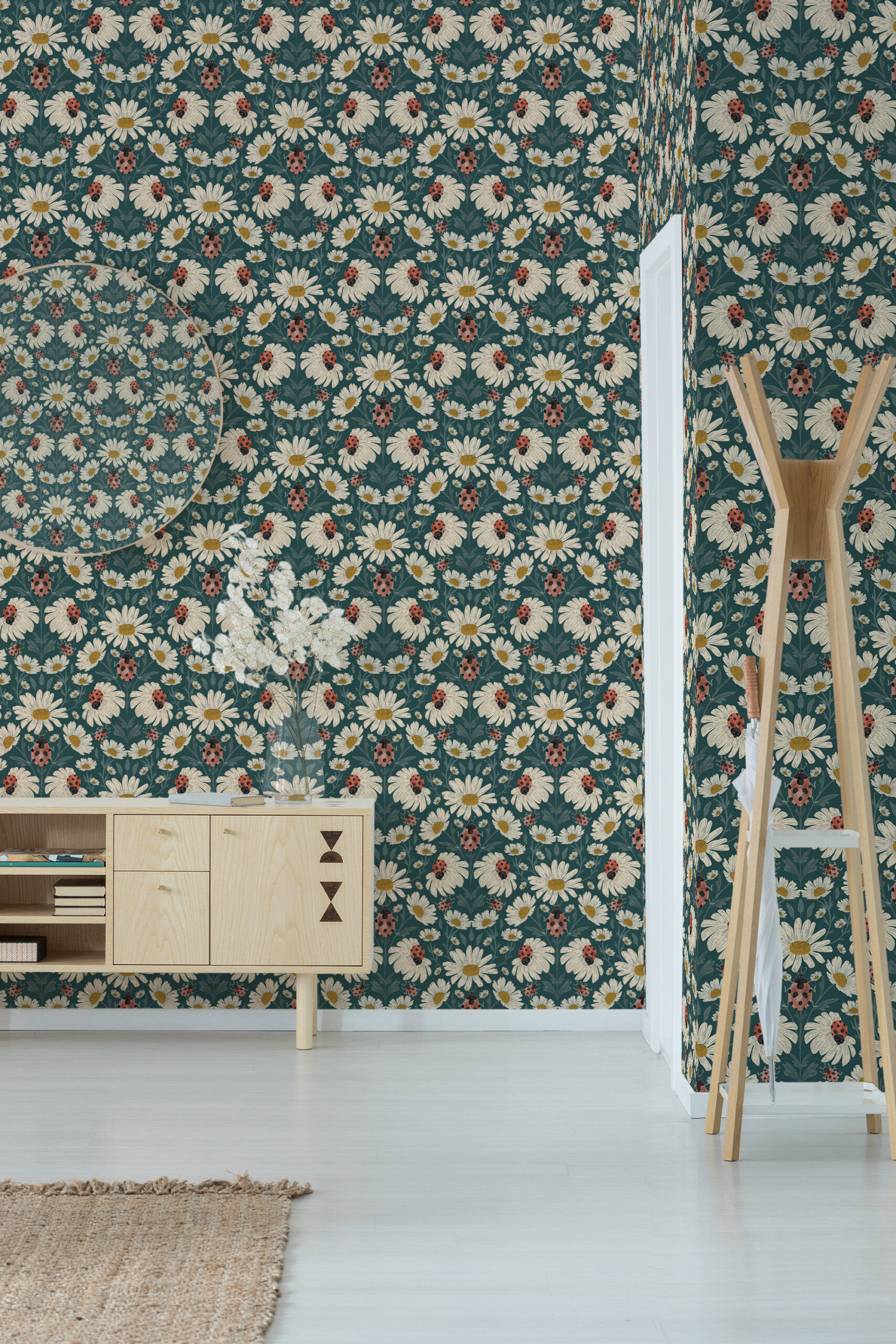 Whimsical Teal Ladybug Floral non-pasted wallpaper with white daisies and red ladybugs on a teal background.