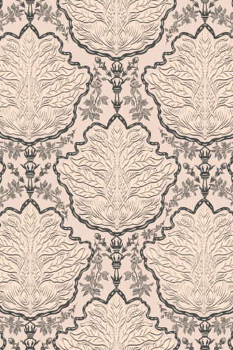 Vintage Beige Leaf Damask removable wallpaper with oversized leaf medallions and small vine sprigs in charcoal on a beige background.