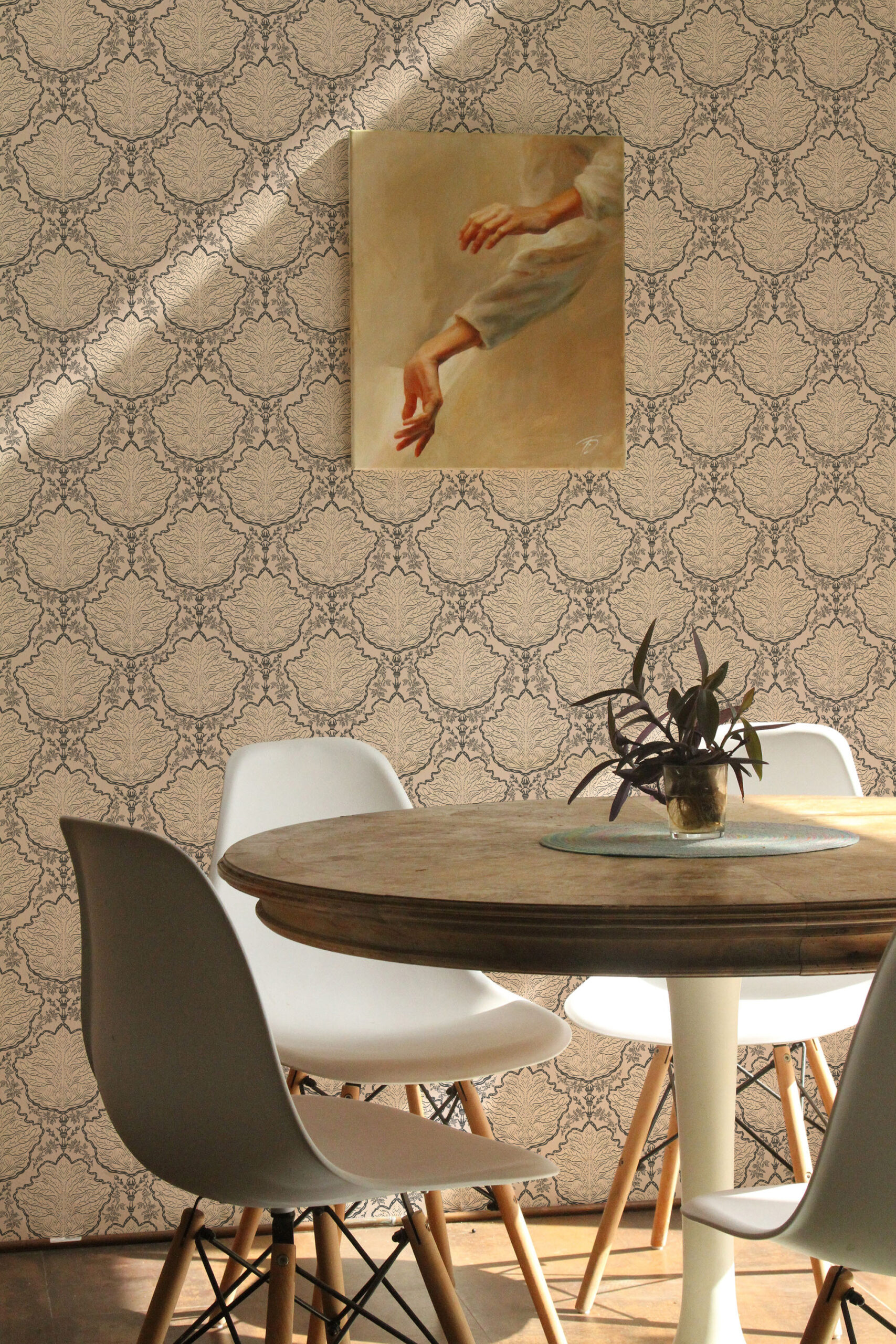 Vintage Beige Leaf Damask pre-pasted wallpaper with a repeating leaf damask pattern behind a dining table and chairs.