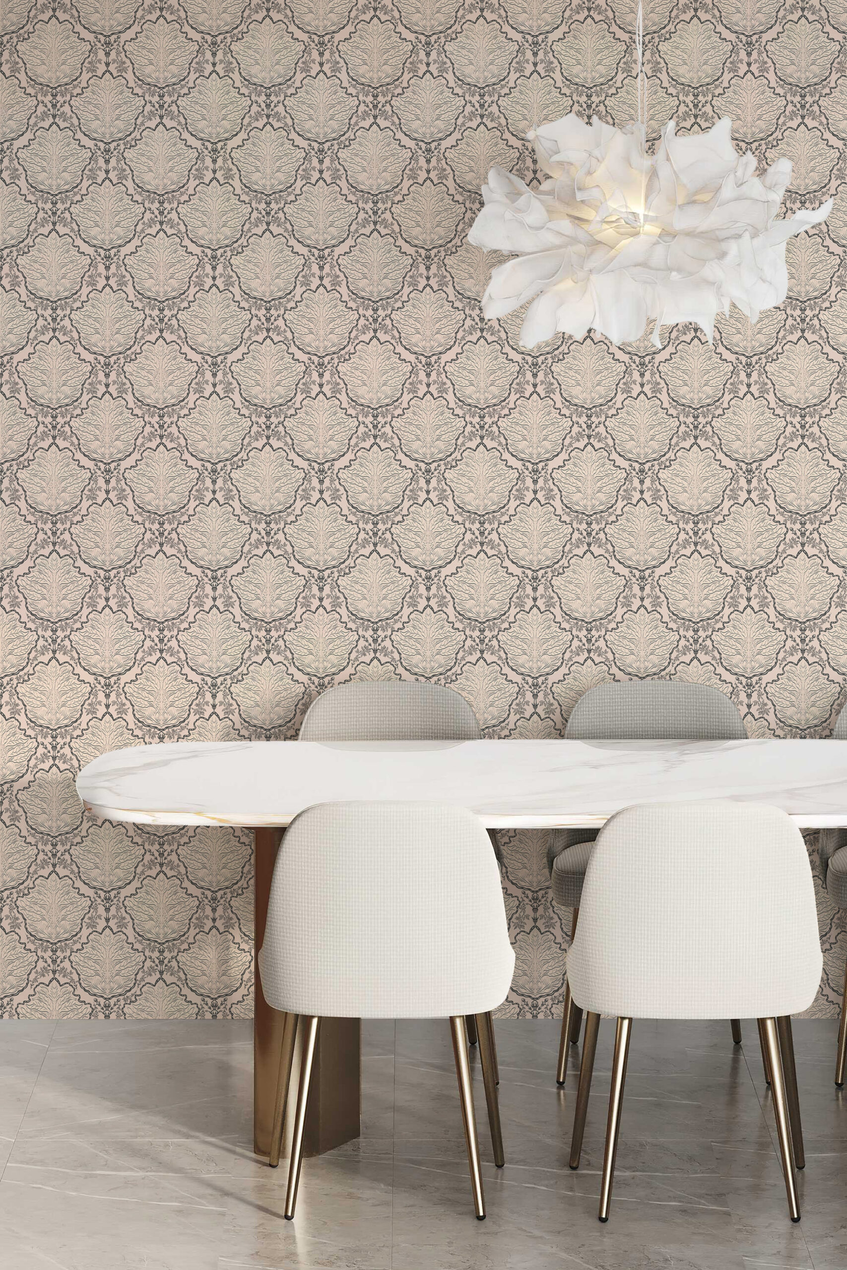 Vintage Beige Leaf Damask self-adhesive wallpaper with an ornate leaf damask pattern on a dining room wall behind a table.