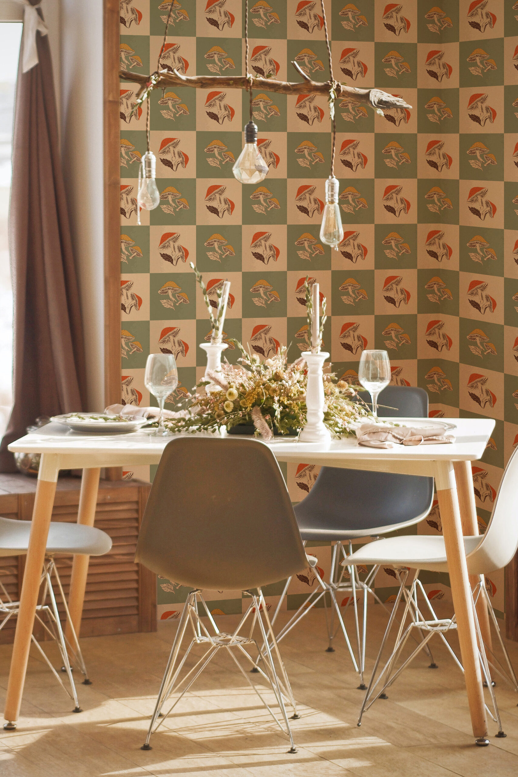Whimsical Beige Sage Mushroom pre-pasted wallpaper in a checkerboard mushroom pattern behind a dining table.