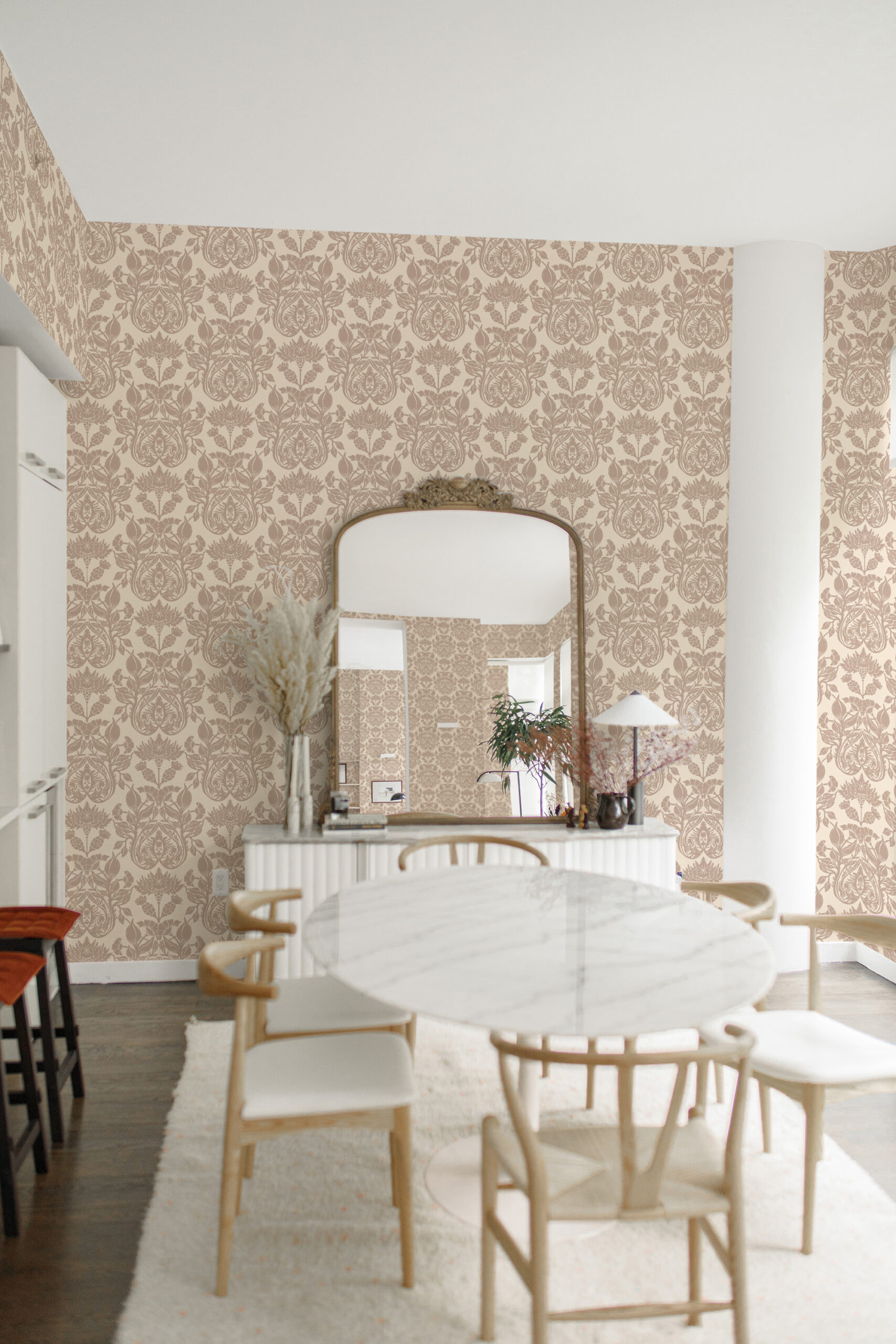 Vintage Cream Damask pre-pasted wallpaper covers the dining room walls with a soft taupe floral damask pattern.