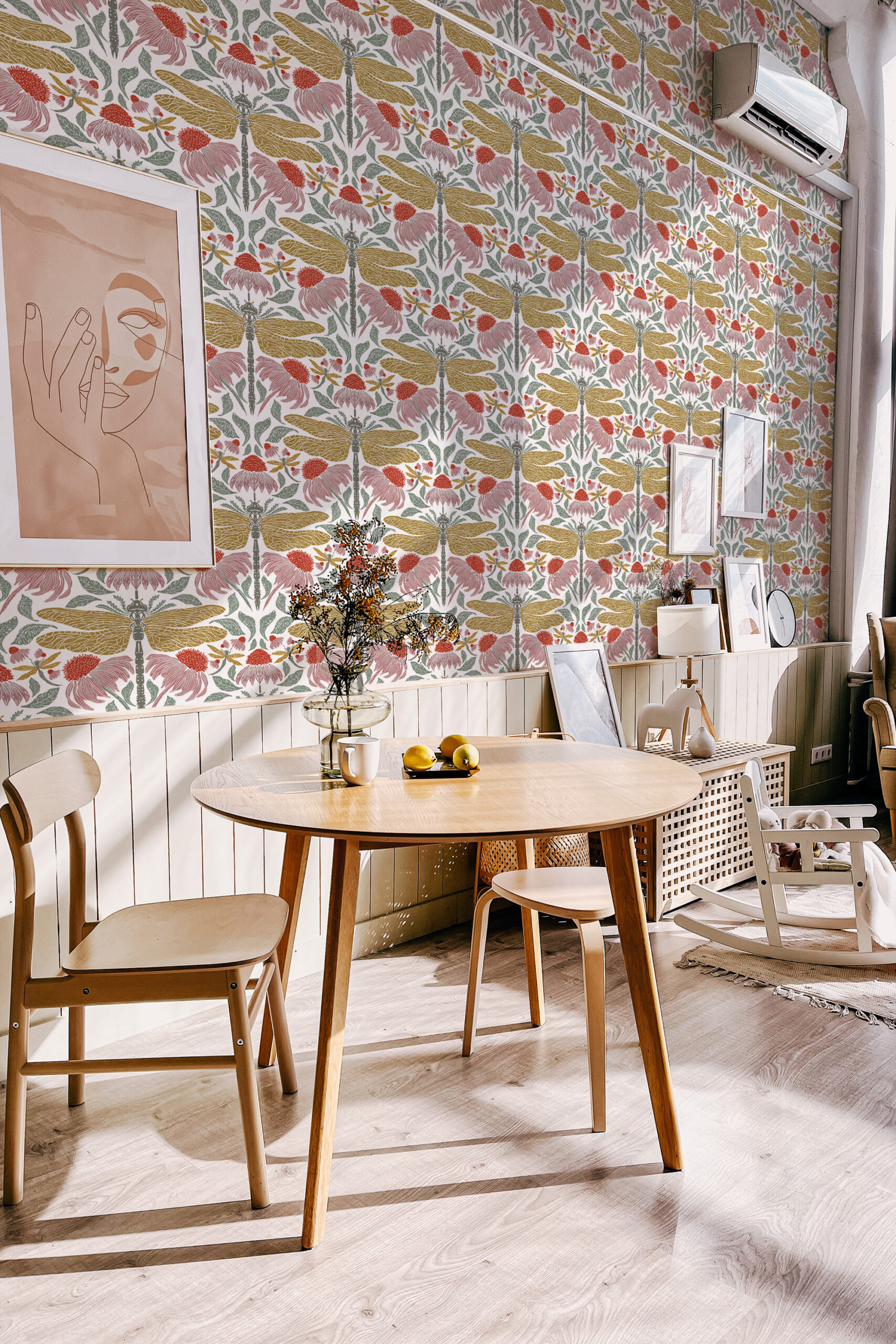 Fine White Dragonfly Floral non-pasted wallpaper with large dragonflies and pink flowers covering a dining room wall.
