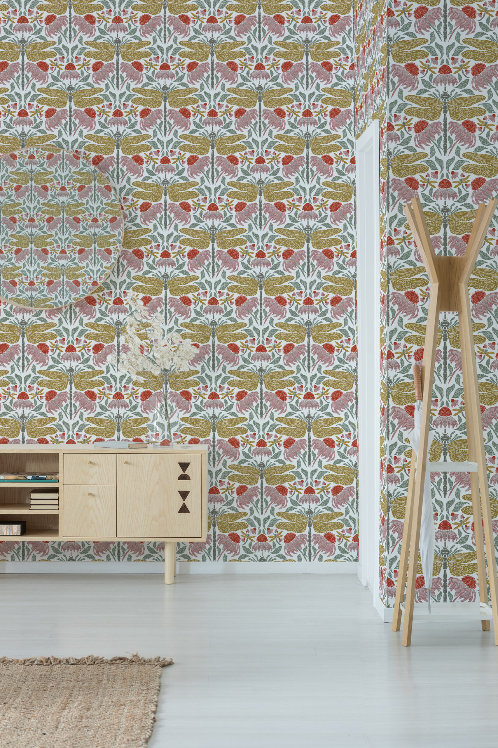 Fine White Dragonfly Floral self-adhesive wallpaper with repeating dragonflies and pink flowers across a full wall.