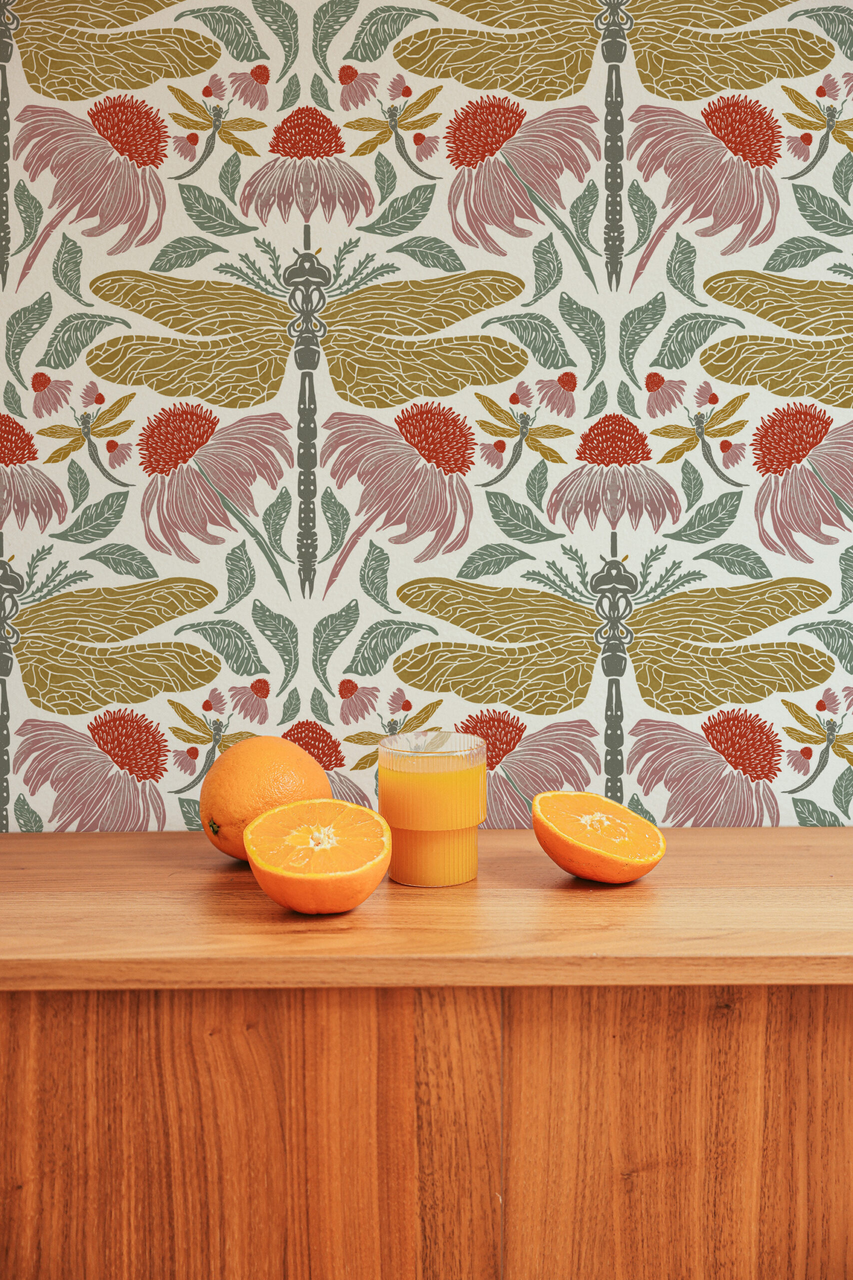 Fine White Dragonfly Floral pre-pasted wallpaper with large dragonflies and pink coneflowers in an allover pattern.