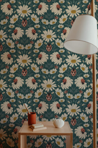 Whimsical Teal Ladybug Floral peel and stick wallpaper with cream daisies and red ladybugs on a teal background.