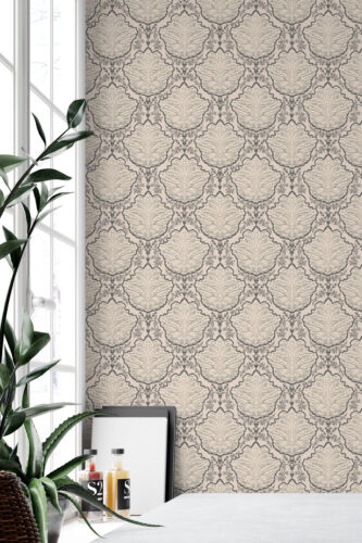 Vintage Beige Leaf Damask peel and stick wallpaper with repeating leaf damask medallions on a warm beige background.
