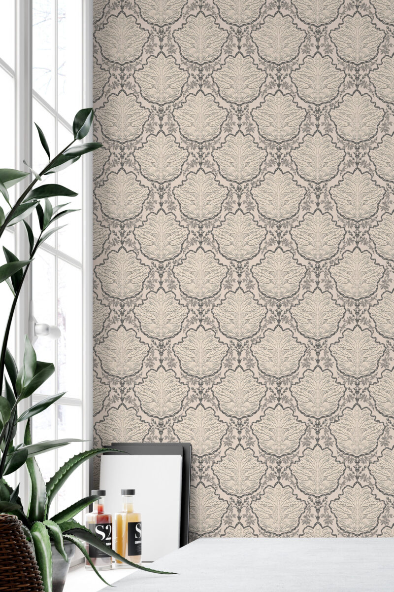 Vintage Beige Leaf Damask peel and stick wallpaper with repeating leaf damask medallions on a warm beige background.