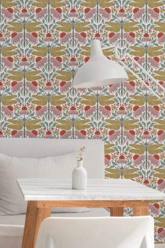 Fine White Dragonfly Floral peel and stick wallpaper with dragonflies and red flowers, shown as an accent wall behind a desk.