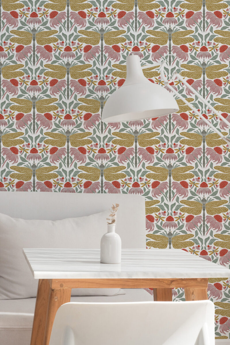 Fine White Dragonfly Floral peel and stick wallpaper with dragonflies and red flowers, shown as an accent wall behind a desk.