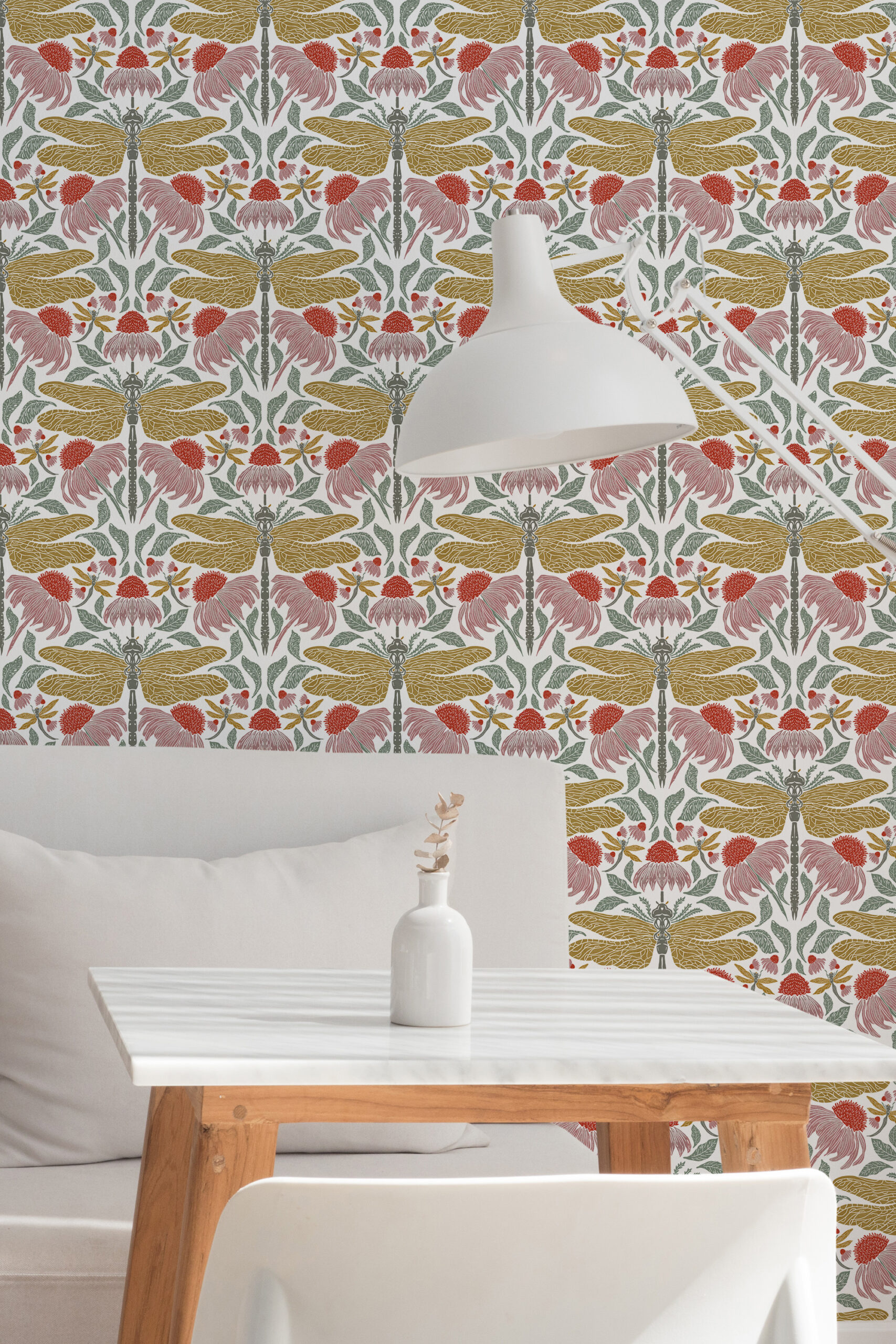 Fine White Dragonfly Floral peel and stick wallpaper with dragonflies and red flowers, shown as an accent wall behind a desk.