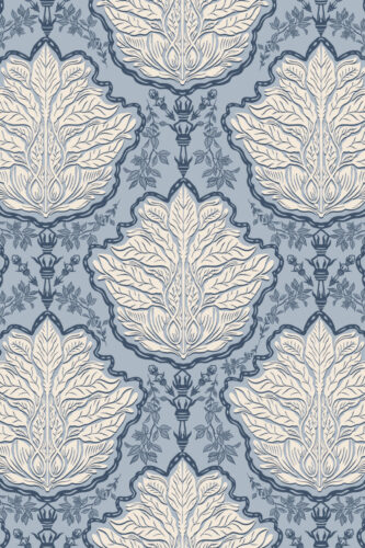 Vintage Blue Leaf Damask removable wallpaper with oversized cream leaf shapes and scrolling details on a muted blue ground.