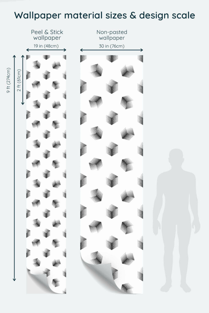 Size comparison of 3D cube Peel & Stick and Non-pasted wallpapers with design scale relative to human figure