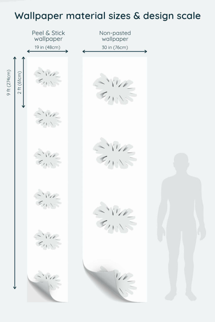 Size comparison of 3D flower Peel & Stick and Non-pasted wallpapers with design scale relative to human figure