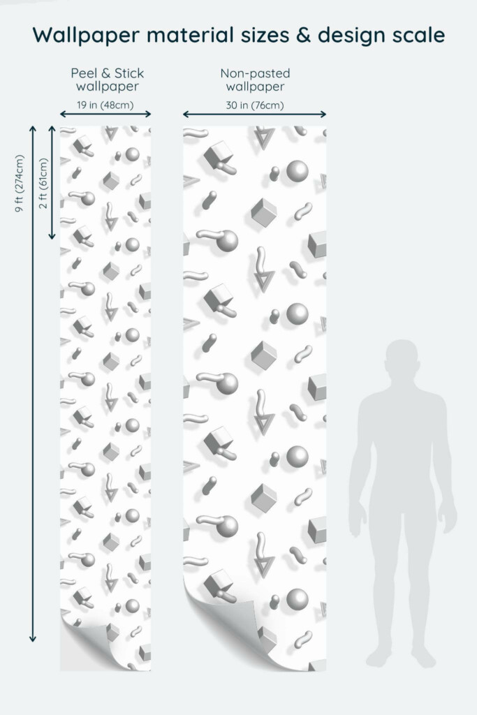 Size comparison of 3D memphis Peel & Stick and Non-pasted wallpapers with design scale relative to human figure