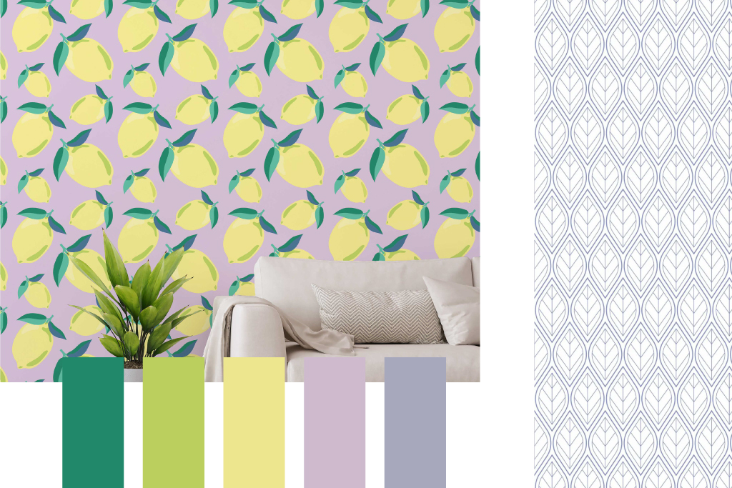 Blue and White Minimalist leaf and Lemons on Lavender wallpaper pair