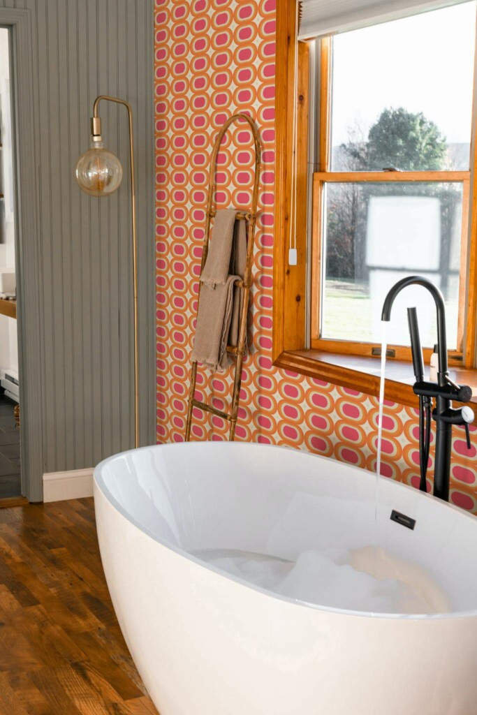 Mid-century modern style bathroom decorated with 60s retro peel and stick wallpaper