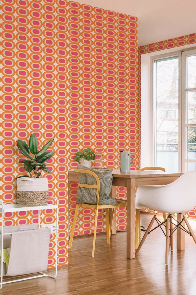Minimal scandinavian style dining room decorated with 60s retro peel and stick wallpaper
