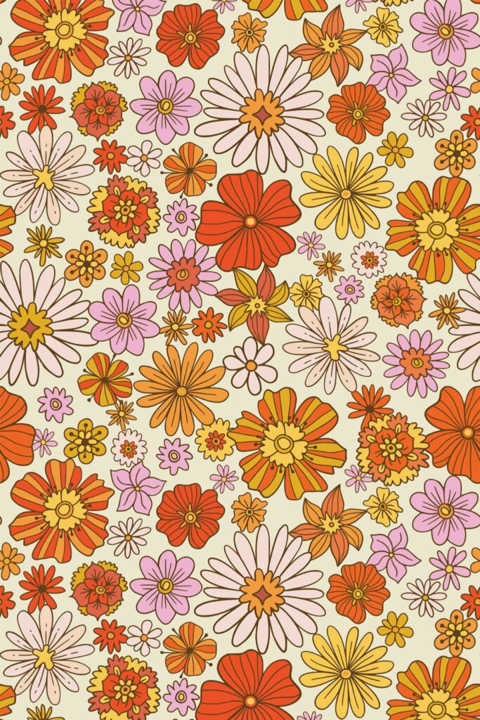 Pattern repeat of 70s floral removable wallpaper design
