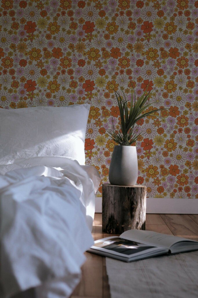 Minimal scandinavian style bedroom decorated with 70s floral peel and stick wallpaper
