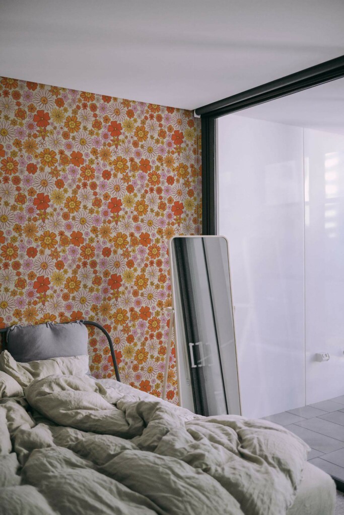 Minimal style bedroom decorated with 70s floral peel and stick wallpaper