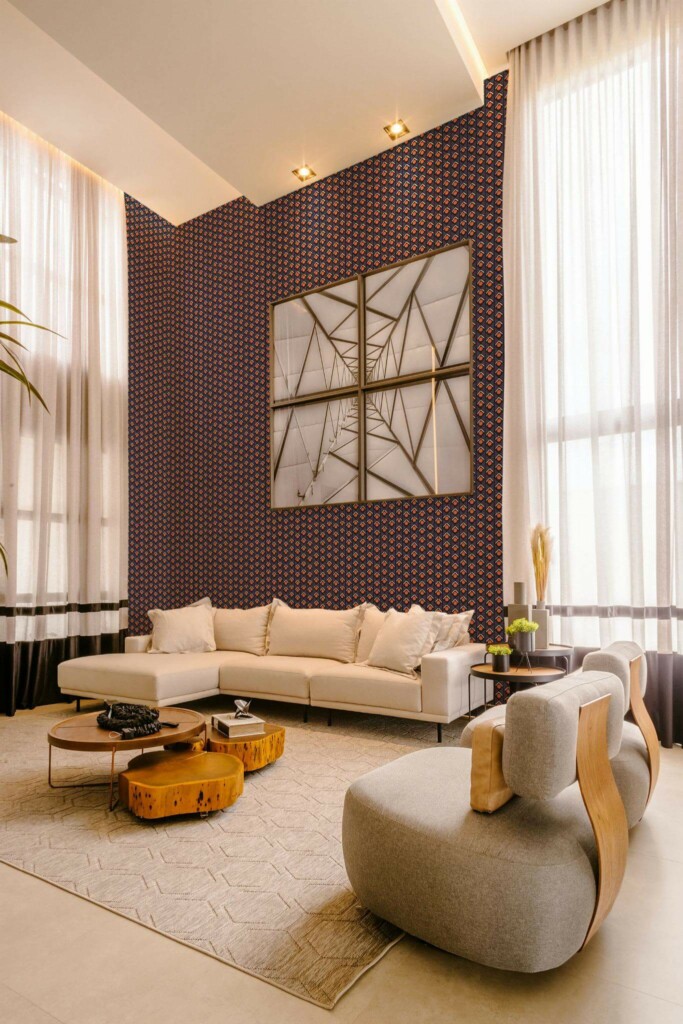 Contemporary style living room decorated with 70s geometric retro peel and stick wallpaper
