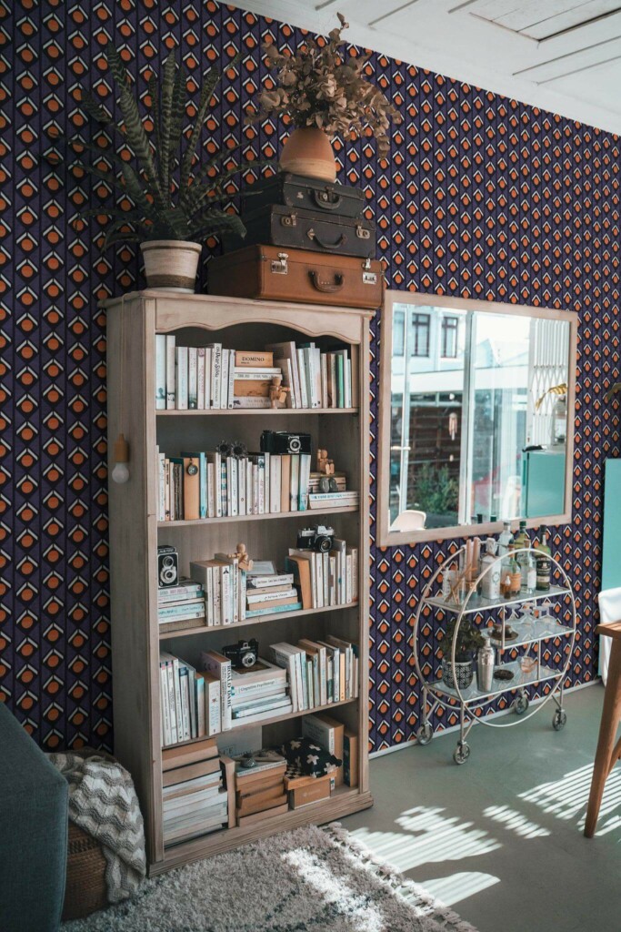 Farmhouse style living room decorated with 70s geometric retro peel and stick wallpaper