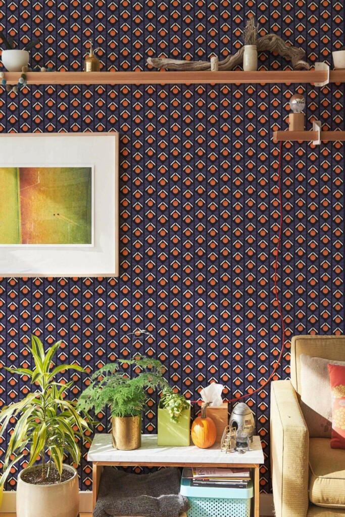 Southwestern style living room decorated with 70s geometric retro peel and stick wallpaper