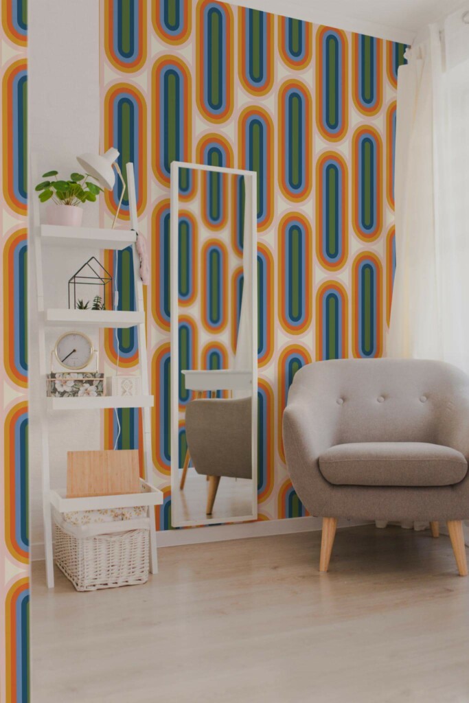 Light boho style living room decorated with 70s rainbow peel and stick wallpaper