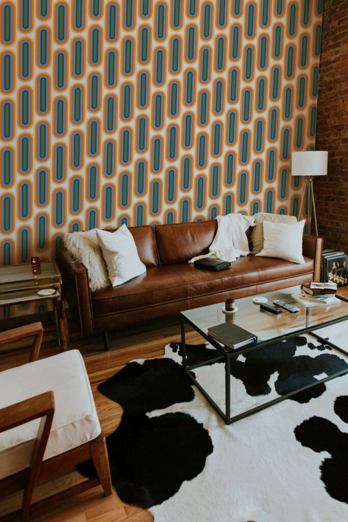 Mid-century modern style living room decorated with 70s rainbow peel and stick wallpaper