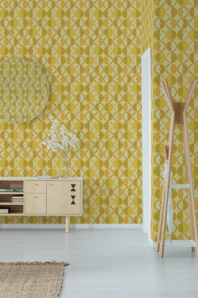 Minimal style entryway decorated with 70s retro peel and stick wallpaper
