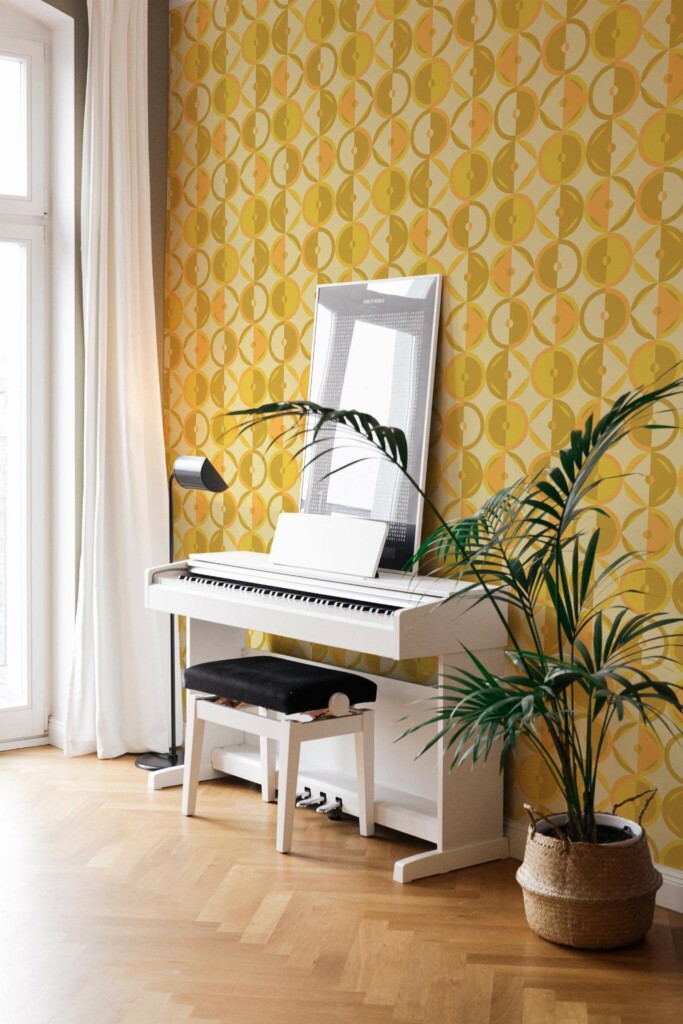 Modern style living room with a piano decorated with 70s retro peel and stick wallpaper