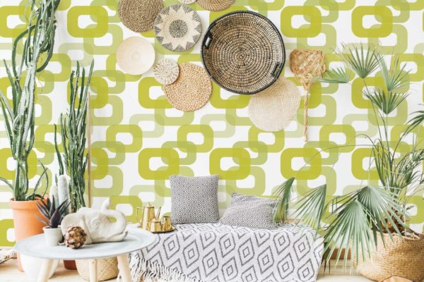 Green wallpaper on accent wall (70s style)