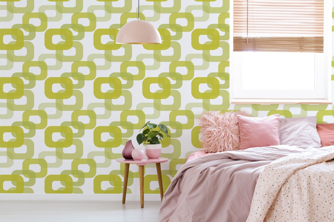 Green 70s retro peel and stick removable wallpaper