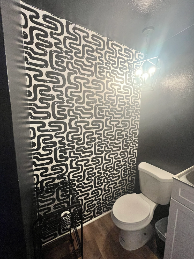 Abstract maze peel and stick wallpaper installed in restroom - review picture submitted by Jurgis