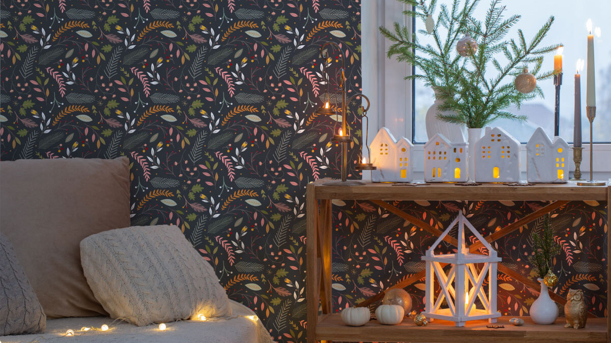 Christmas home decor with burning candles and Scandinavian pattern wallpaper