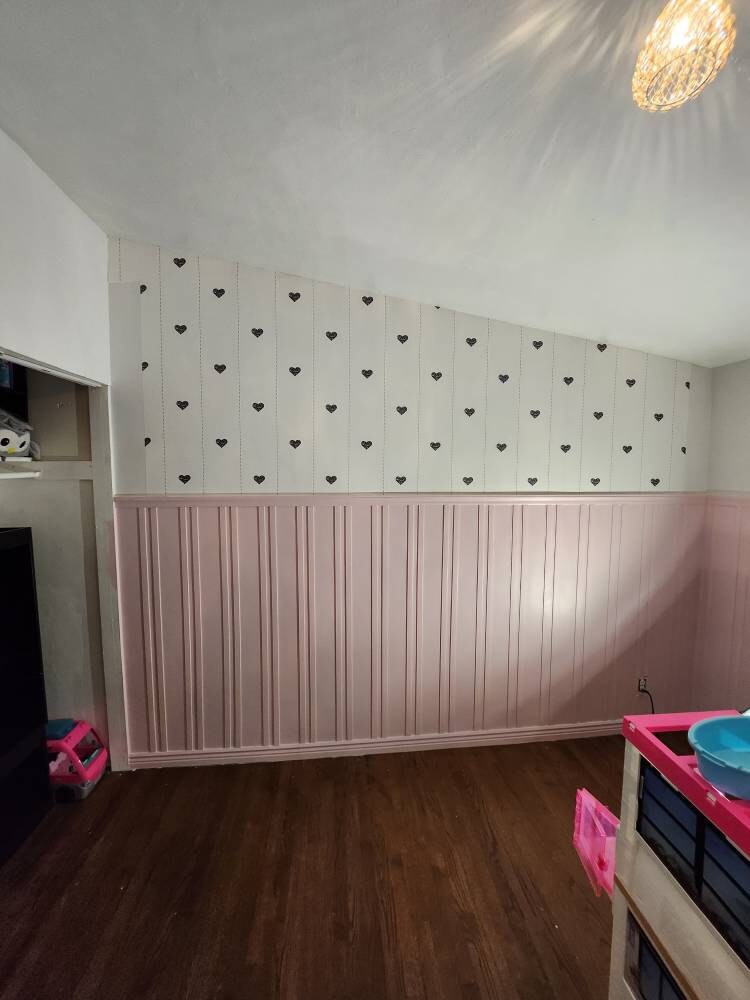 Black and white heart peel and stick wallpaper installed in nursery - review picture submitted by Jurgis