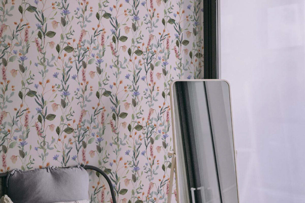 bedroom with spring floral blooming wallpapers - peel and stick of non-pasted