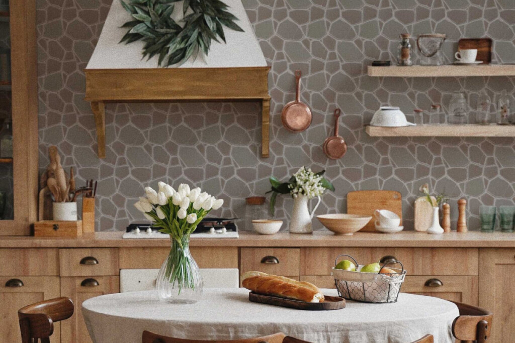 Farmhouse cozy kitchen with brown grey limestone look wallpapers from Fancy Walls, peel and stick or non-pasted