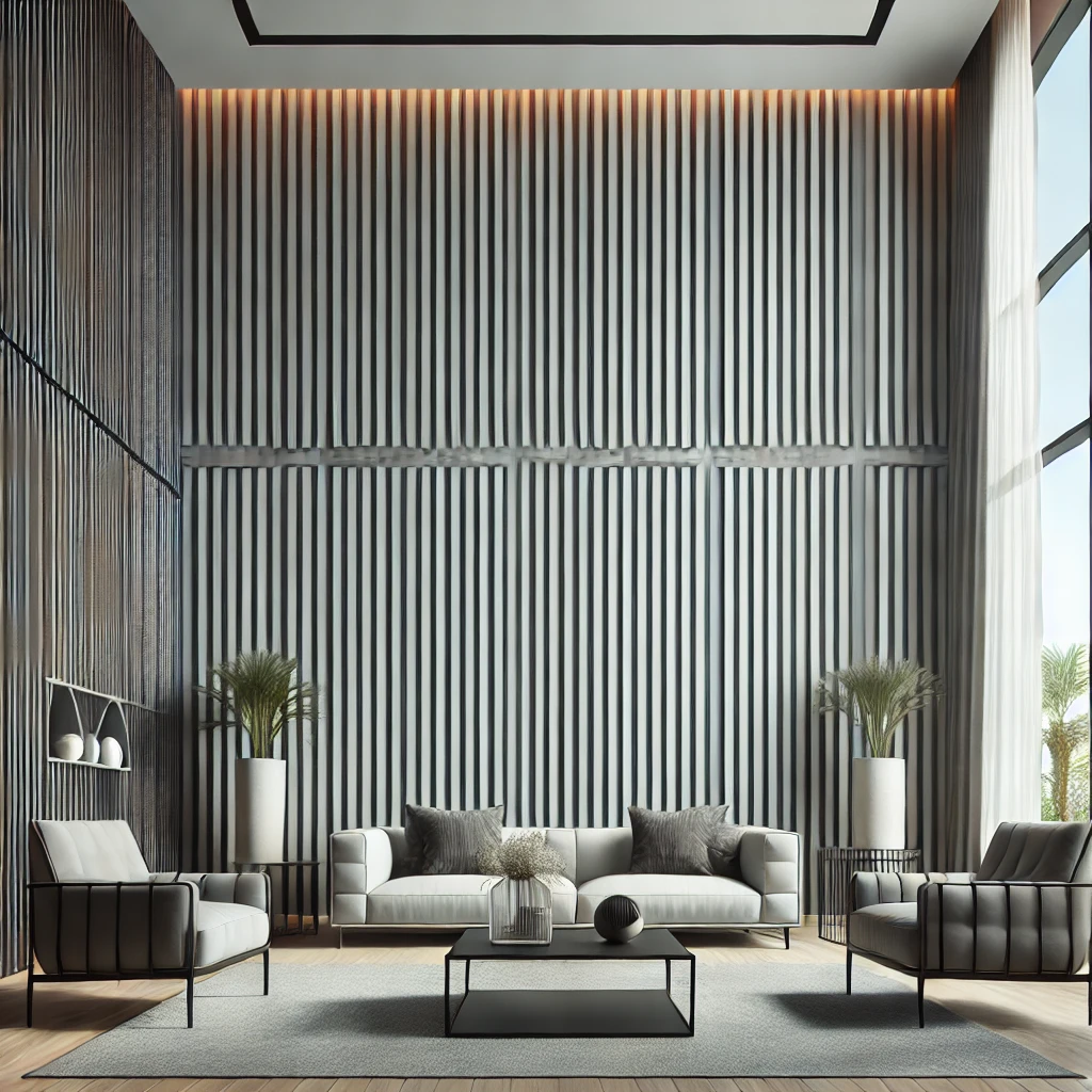 Tall living room wall featuring vertical striped wallpaper, emphasizing the height of the room and adding sleek tall wall decor with modern furniture.