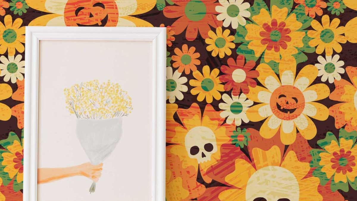 Cozy-Halloween-orange-skull-flowers-peel-and-stick-wallpapers-from-Fancy-Walls