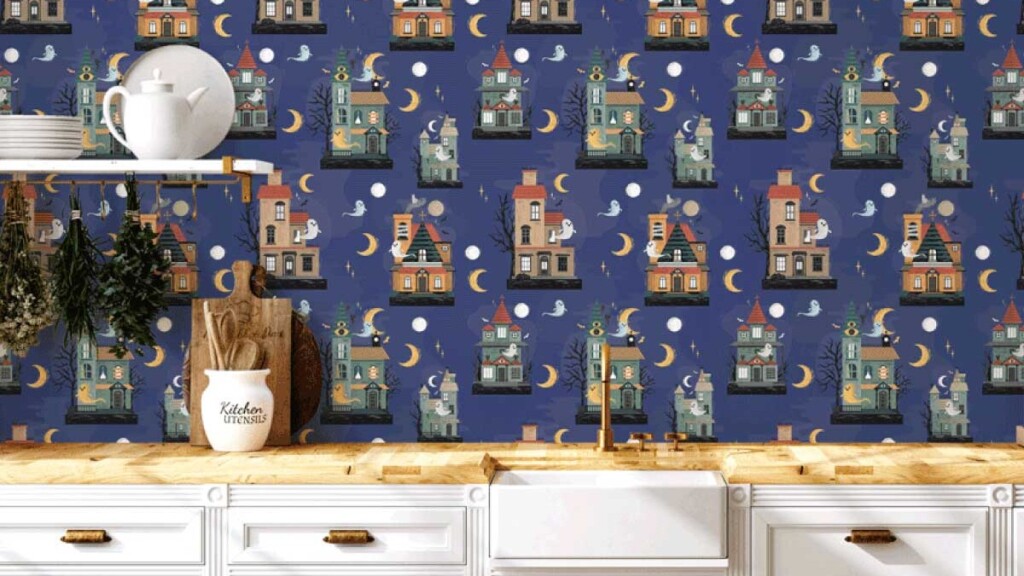 Cute-ghosts-and-haunted-houses-halloween-peel-and-stick-wallpaper-pattern-by-Fancy-Walls