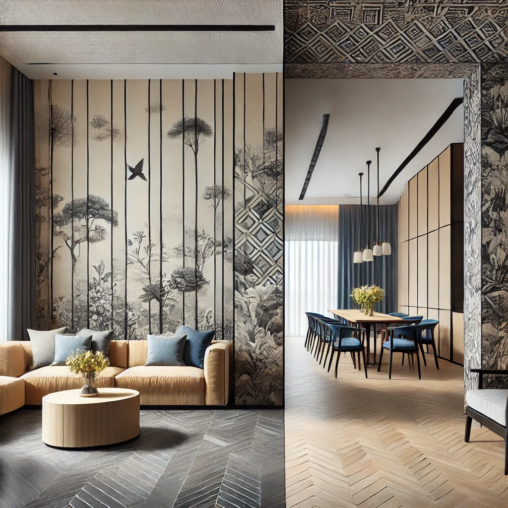 Open-concept living room with tall walls, using bold wallpaper behind the seating area and subtle patterns in the dining space to create cohesive tall wall decor.