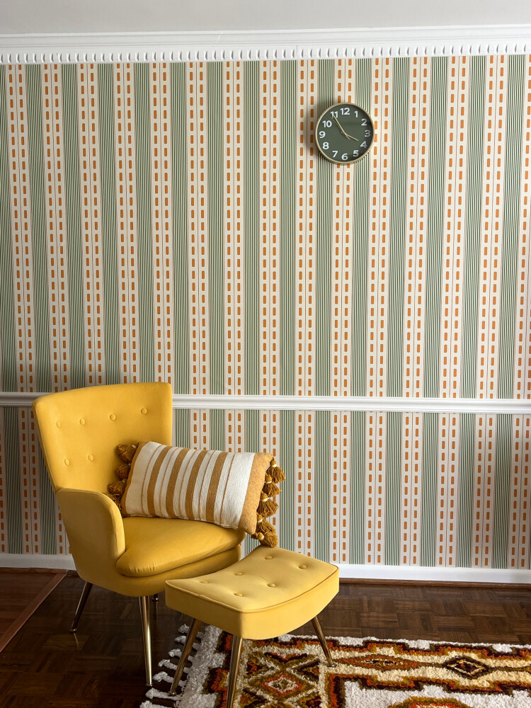 Dreamy Blue Vintage Stripes peel and stick wallpaper installed in guest room - review picture submitted by Jurgis