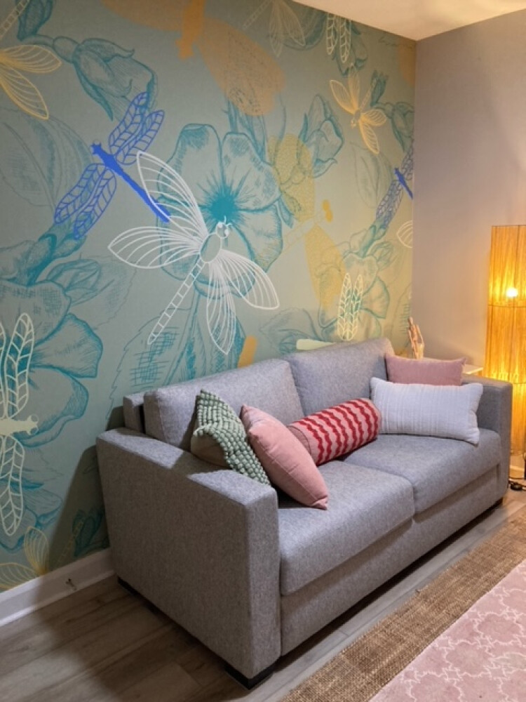 Elegant Dragonfly peel and stick wallpaper mural installed in guest room - review picture submitted by Jurgis