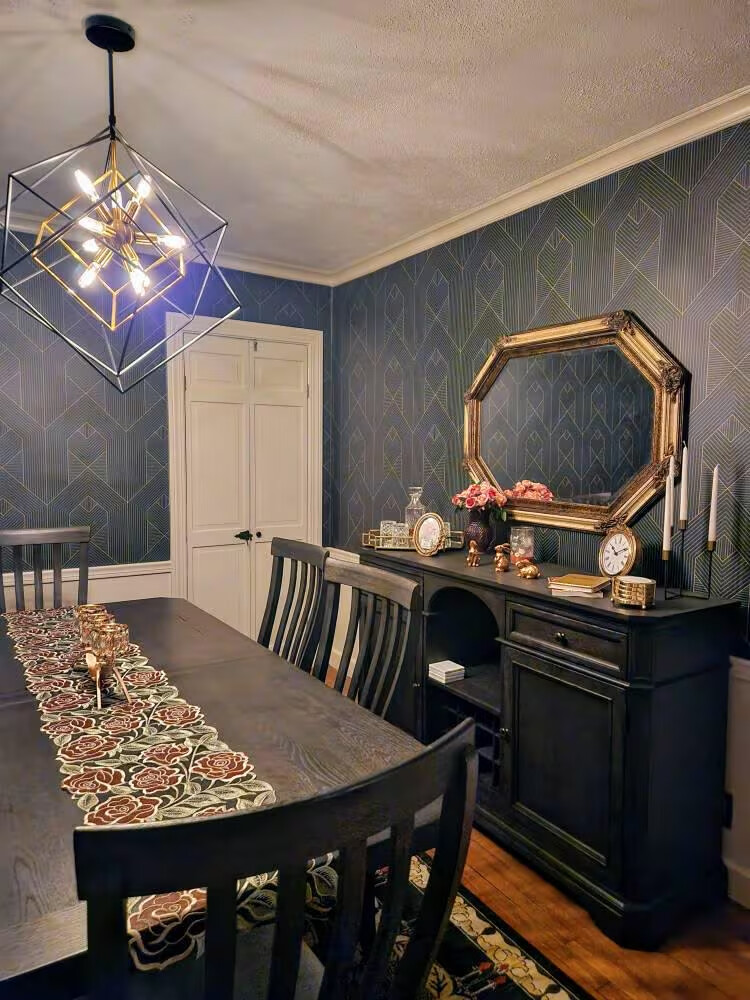 Green Art Deco geometric peel and stick wallpaper installed in dining room - review picture submitted by Jurgis
