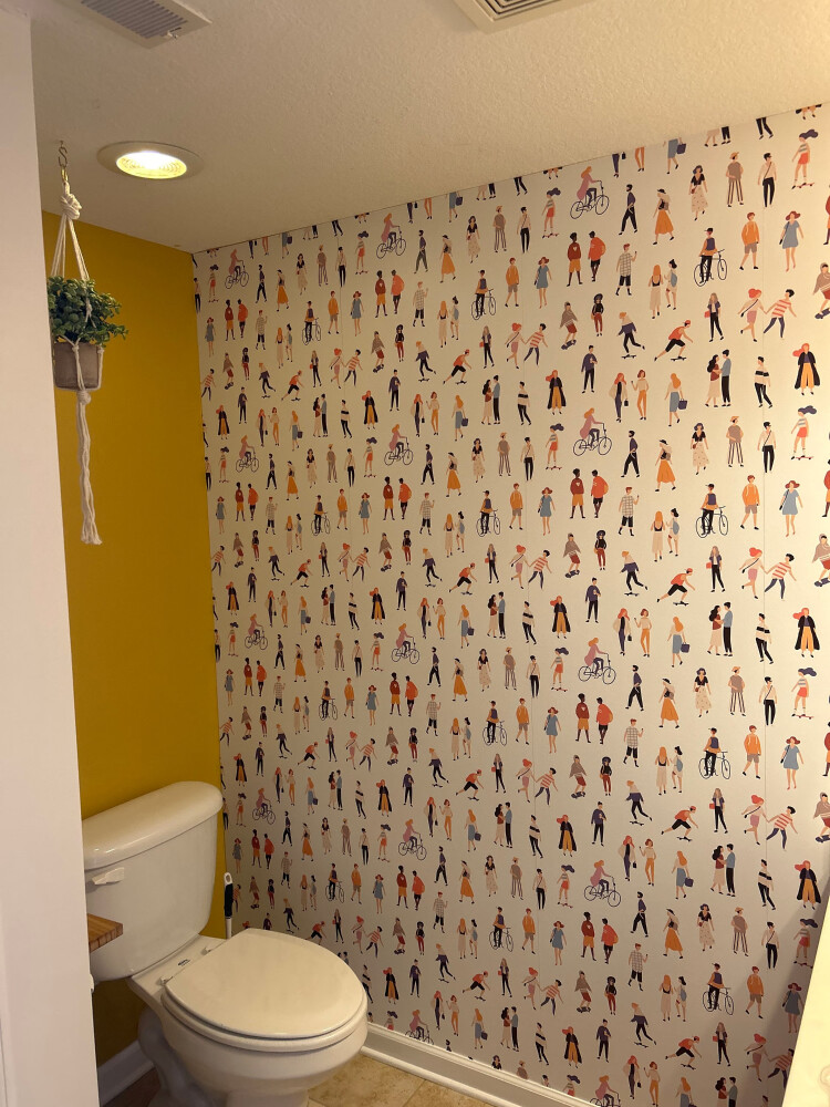 Happy people peel and stick wallpaper installed in bathroom - review picture submitted by Jurgis