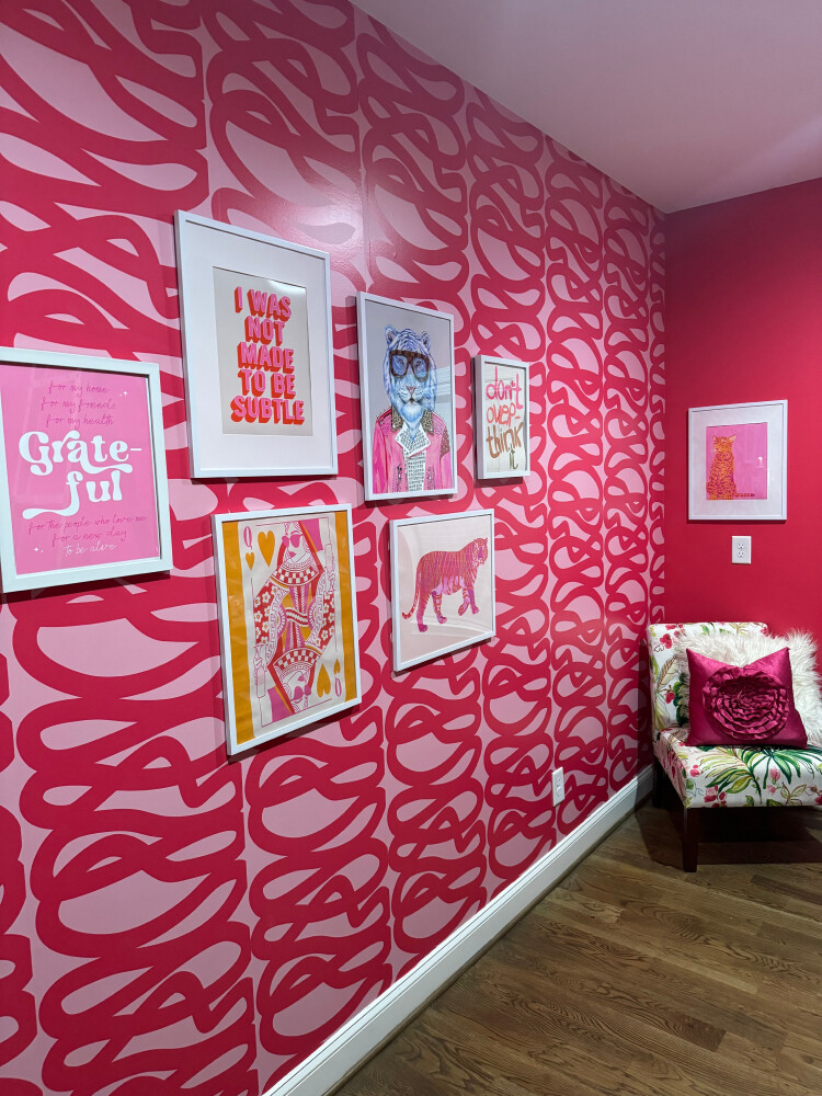 Hot pink line peel and stick wallpaper installed in living room - review picture submitted by Jurgis