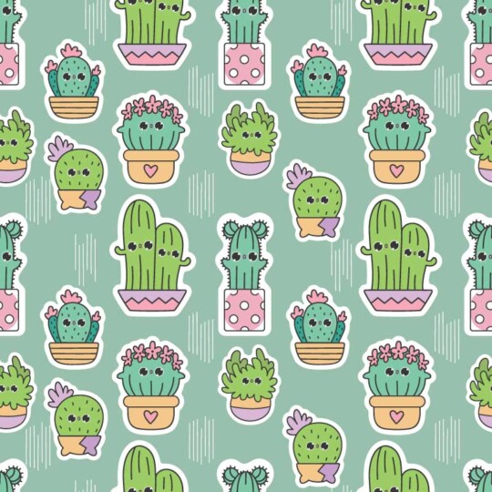 cute kawaii cactuses and succulents in pots with green background wallpapers peel and stick or non-pasted.